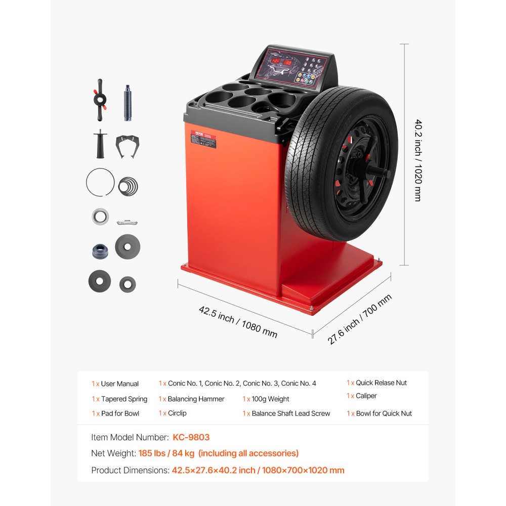 VEVOR Tire Changer Machine, 18" Spindle, Durable Tire Balancer with 4 Size of Conic & 45# Steel, Reinforced Tire Balancer with Complete Measuring Tools & Multi-Compartment, Fit for 1.5"-18" Wide Tire