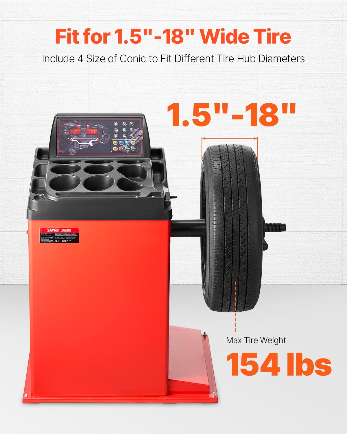 VEVOR Tire Changer Machine, 18" Spindle, Durable Tire Balancer with 4 Size of Conic & 45# Steel, Reinforced Tire Balancer with Complete Measuring Tools & Multi-Compartment, Fit for 1.5"-18" Wide Tire