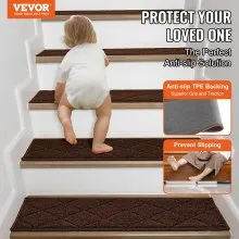 VEVOR Stair Treads, Stairs Carpet Non Slip 9" x 28", Indoor Stair Runner for Wooden Steps, Anti Slip Carpet Soft Edging Stair Rugs Mats for Kids Elders and Dogs, 15 pcs, Brown