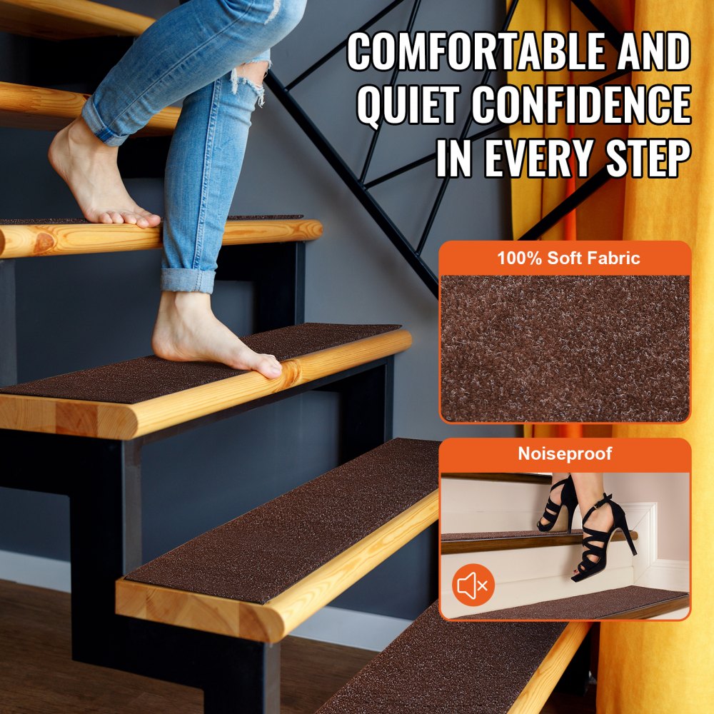 VEVOR Stair Treads, Stairs Carpet Non Slip 8" x 30", Indoor Stair Runner for Wooden Steps, Anti Slip Carpet Stair Rugs Mats for Kids Elders and Dogs, 15 pcs, Brown