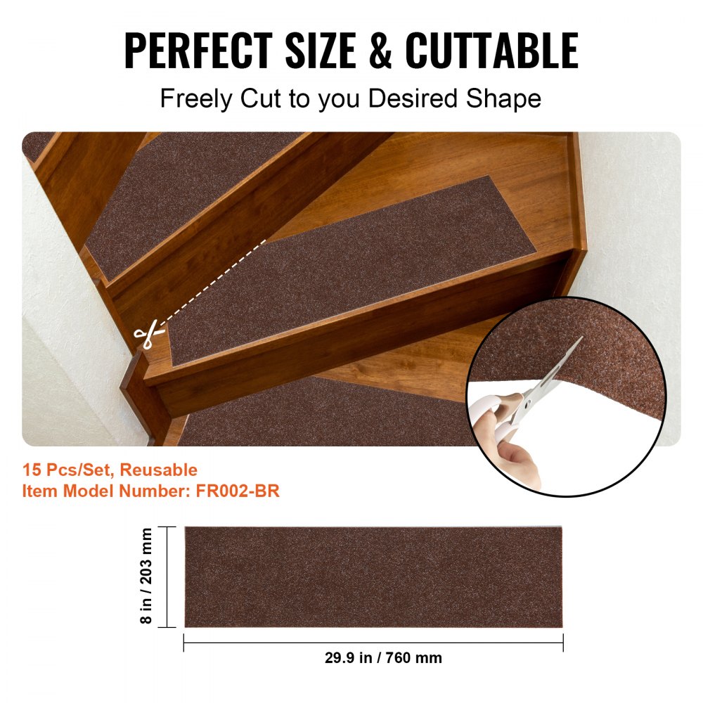 VEVOR Stair Treads, Stairs Carpet Non Slip 760 x 203 mm, Indoor Stair Runner for Wooden Steps, Anti Slip Carpet Stair Rugs Mats for Kids Elders and Dogs, 15 pcs, Brown