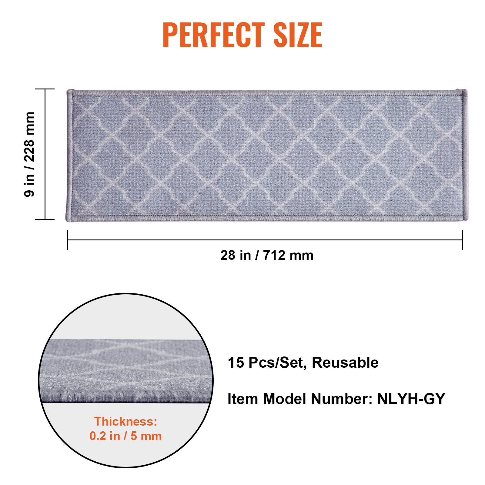 VEVOR Stair Treads, Stairs Carpet Non Slip 711x229 mm, Indoor Stair Runner for Wooden Steps, Anti Slip Carpet Soft Edging Stair Rugs Mats for Kids Elders and Dogs, 15 pcs, Light Gray