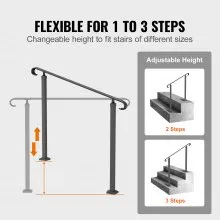 VEVOR Wrought Iron Handrail, Fit 2 or 3 Steps Outdoor Stair Railing, Adjustable Front Porch Hand Rail, Black Transitional Hand railings for Concrete Steps or Wooden Stairs with Installation Kit
