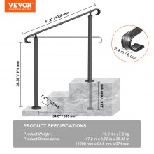 VEVOR Wrought Iron Handrail, Fit 2 or 3 Steps Outdoor Stair Railing, Adjustable Front Porch Hand Rail, Black Transitional Hand railings for Concrete Steps or Wooden Stairs with Installation Kit