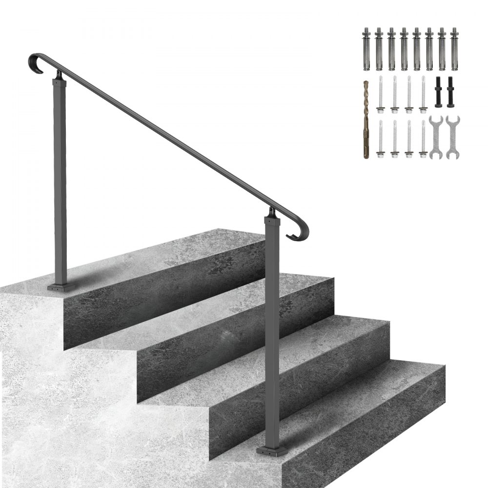 VEVOR Wrought Iron Handrail, Fit 2 or 3 Steps Outdoor Stair Railing, Adjustable Front Porch Hand Rail, Black Transitional Hand railings for Concrete Steps or Wooden Stairs with Installation Kit