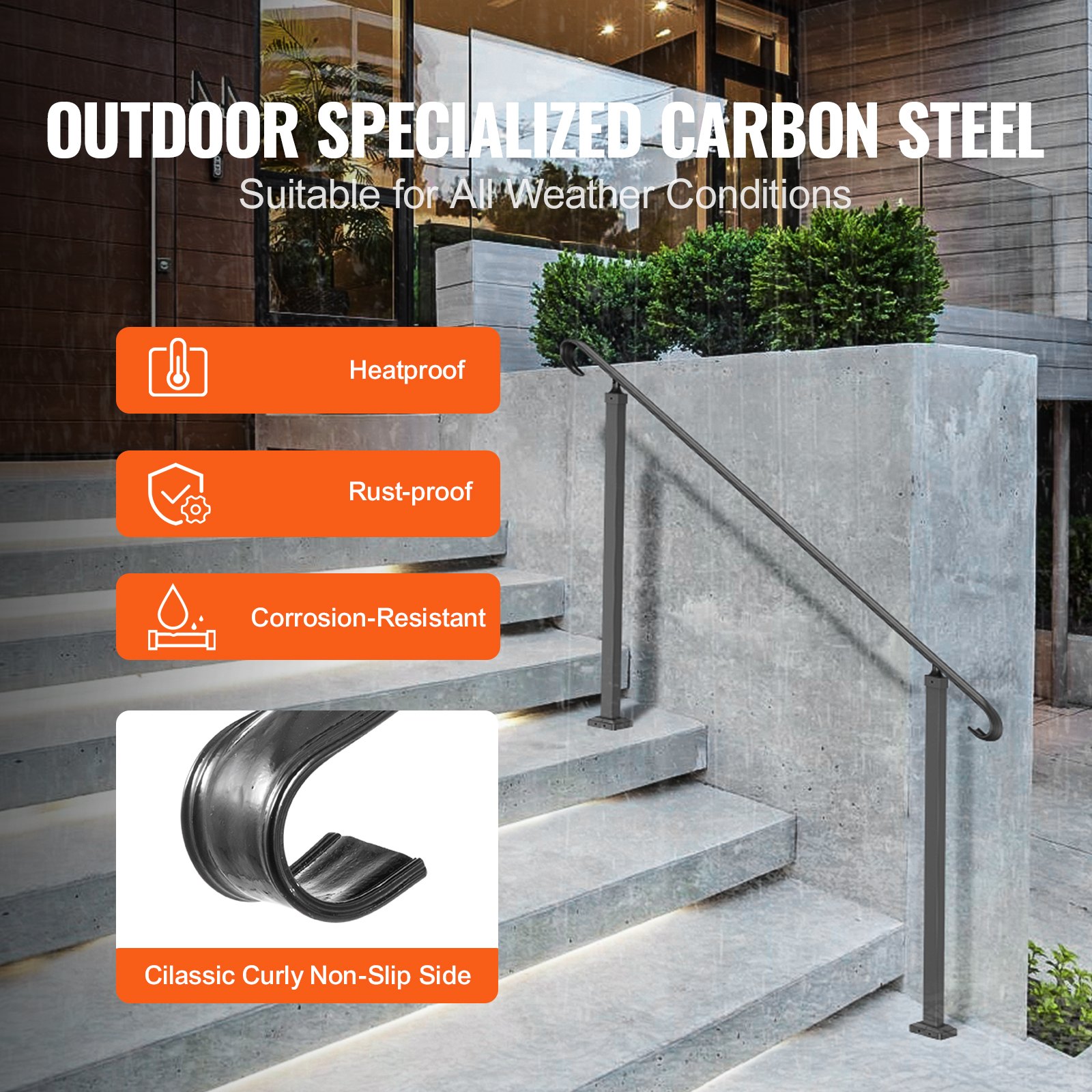 VEVOR Wrought Iron Handrail, Fit 2 or 3 Steps Outdoor Stair Railing, Adjustable Front Porch Hand Rail, Black Transitional Hand railings for Concrete Steps or Wooden Stairs with Installation Kit