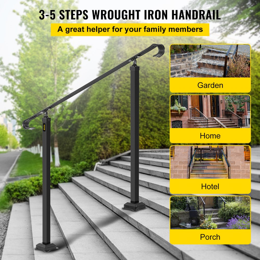 Pasamanos de hierro forjado VEVOR, apto para barandilla de escalera exterior de 3 a 5 escalones, pasamanos de porche delantero ajustable, pasamanos de transición negros para escalones de hormigón o escaleras de madera con kit de instalación