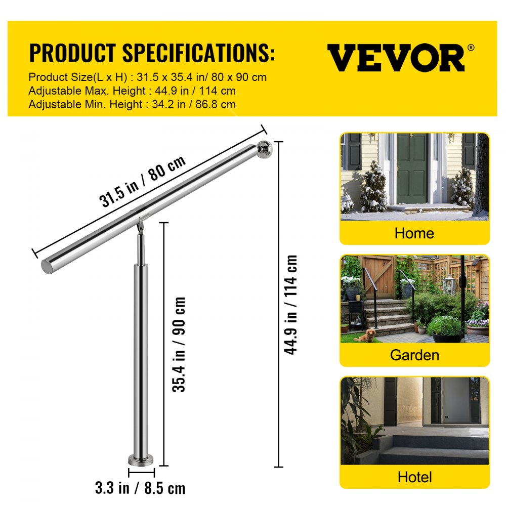 VEVOR Step Handrail 1 Steps Stainless Steel Stair Railing for Indoor or Outdoor Use Step Railing Handrails Metal Hand Rails for Steps, 80 x 90 cm, Silver