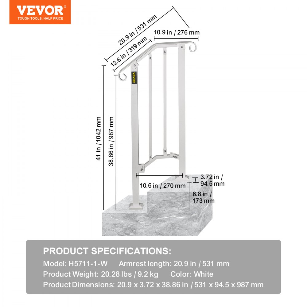 VEVOR Wrought Iron Handrail Adjustable Stair Handrail For 1 to 2 Steps White