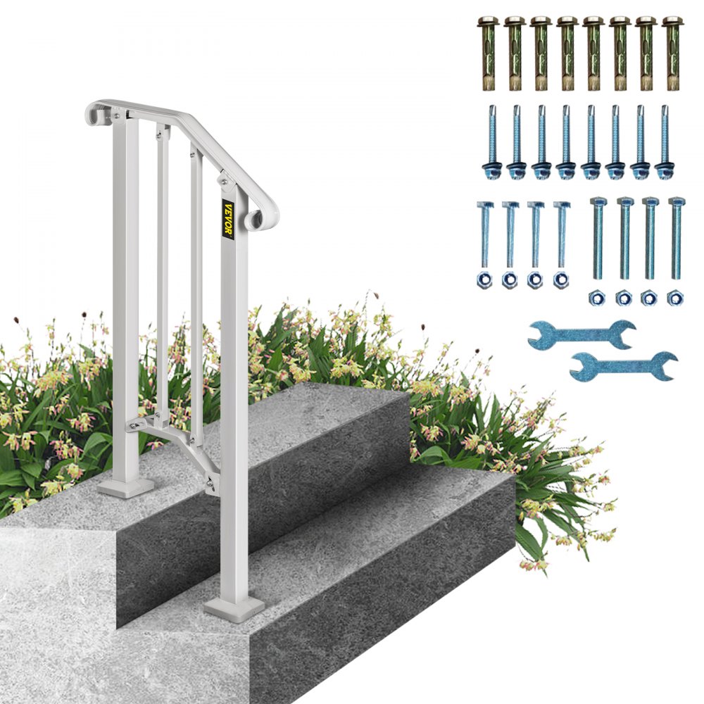 VEVOR outdoor handrail for steps with installation hardware and tools.