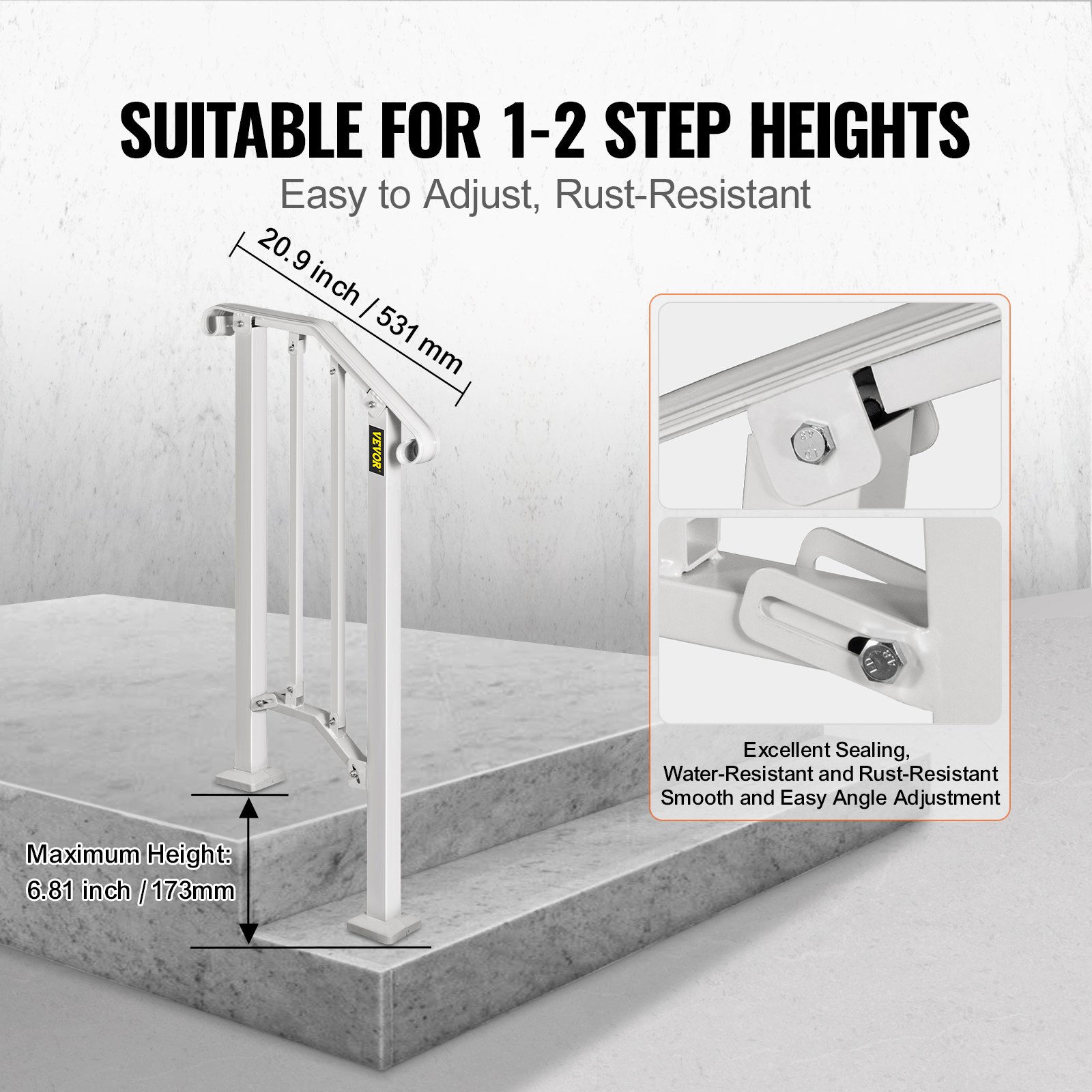 VEVOR Wrought Iron Handrail Adjustable Stair Handrail For 1 to 2 Steps White