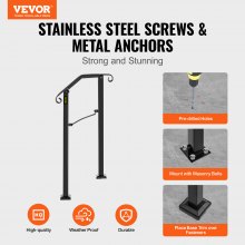VEVOR Handrails for Outdoor Steps, Fit 1 or 2 Steps Outdoor Stair Railing, Arch#1 Wrought Iron Handrail, Flexible Porch Railing, Black Transitional Handrails for Concrete Steps or Wooden Stairs