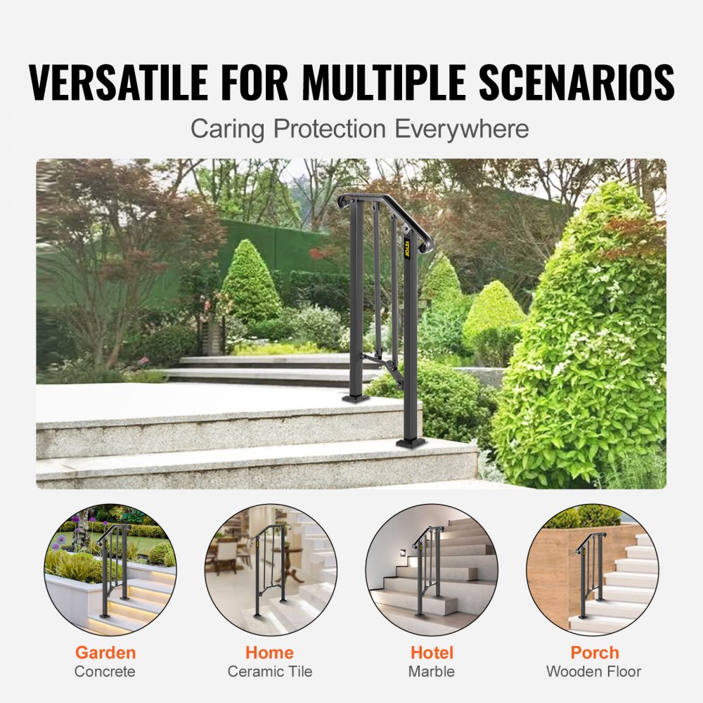 VEVOR Handrails for Outdoor Steps, Fit 1 or 2 Steps Outdoor Stair Railing, Picket#1 Wrought Iron Handrail, Flexible Porch Railing, Black Transitional Handrails for Concrete Steps or Wooden Stairs