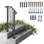 VEVOR outdoor handrails on concrete steps with assorted mounting hardware and tools.