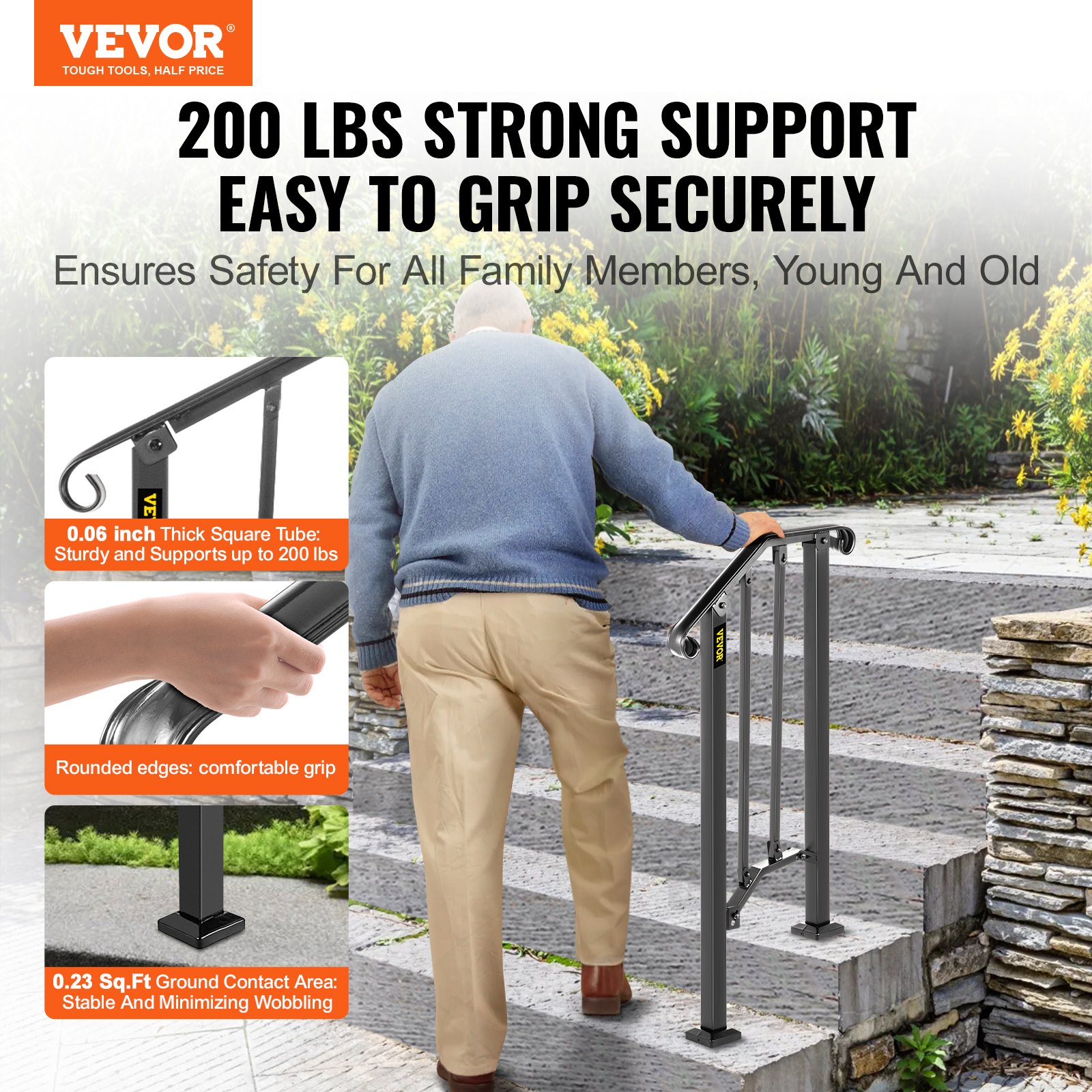 VEVOR Handrails for Outdoor Steps, Fit 1 or 2 Steps Outdoor Stair Railing, Picket#1 Wrought Iron Handrail, Flexible Porch Railing, Black Transitional Handrails for Concrete Steps or Wooden Stairs