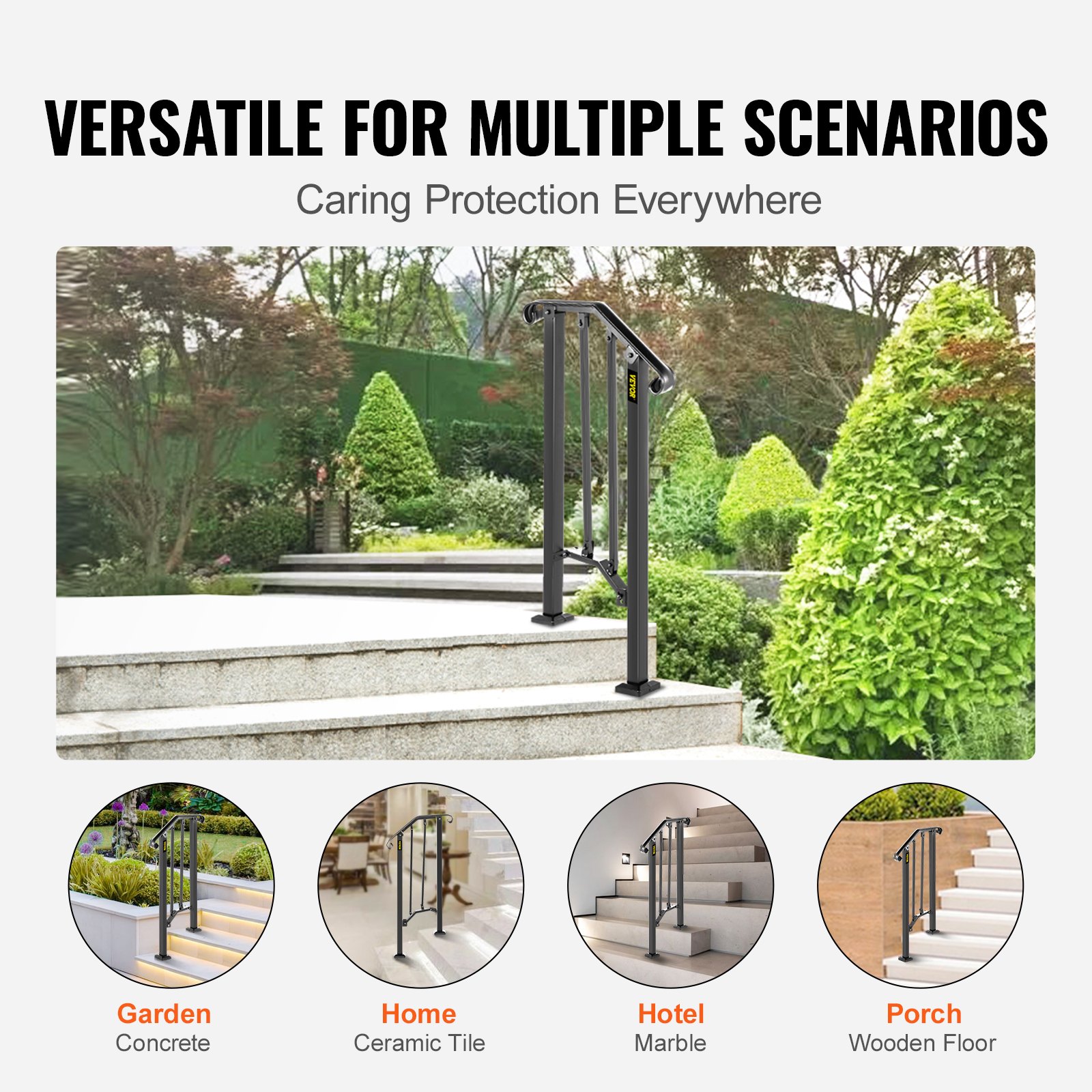 VEVOR Handrails for Outdoor Steps, Fit 1 or 2 Steps Outdoor Stair Railing, Picket#1 Wrought Iron Handrail, Flexible Porch Railing, Black Transitional Handrails for Concrete Steps or Wooden Stairs