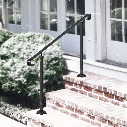 VEVOR Wrought Iron Handrail, Fit 1 or 2 Steps Outdoor Stair Railing, Adjustable Front Porch Hand Rail, Black Transitional Hand railings for Concrete Steps or Wooden Stairs with Installation Kit