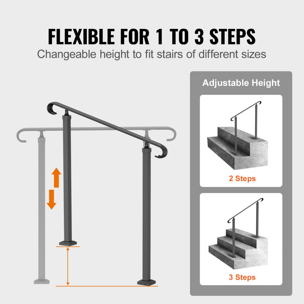 VEVOR outdoor handrails, adjustable for 1 to 3 steps, fits various stair sizes.