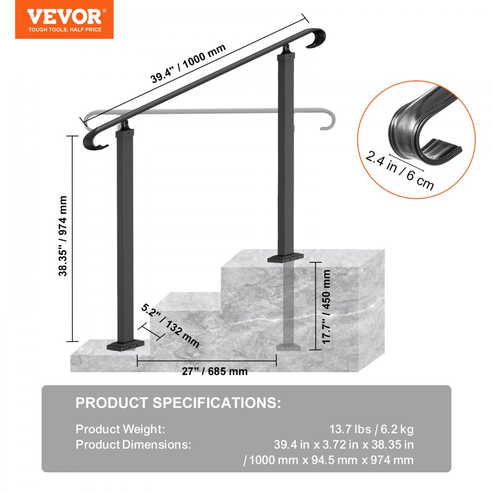 VEVOR outdoor handrails with specifications and measurements for a three-step staircase.
