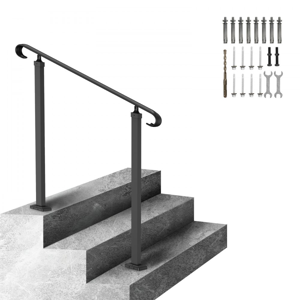 VEVOR outdoor handrails on concrete steps with installation hardware set.