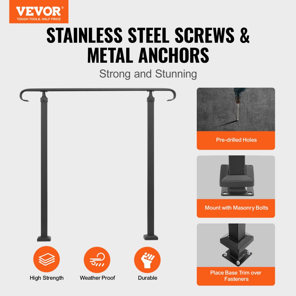 VEVOR Handrails for Outdoor Steps, Fit 1-3 Steps Outdoor Stair Railing, Wrought Iron Handrail, Adjustable Front Porch Hand Rail, Black Transitional Hand railings for Concrete Steps or Wooden Stairs