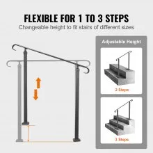 VEVOR Handrails for Outdoor Steps, Fit 1-3 Steps Outdoor Stair Railing, Wrought Iron Handrail, Adjustable Front Porch Hand Rail, Black Transitional Hand railings for Concrete Steps or Wooden Stairs
