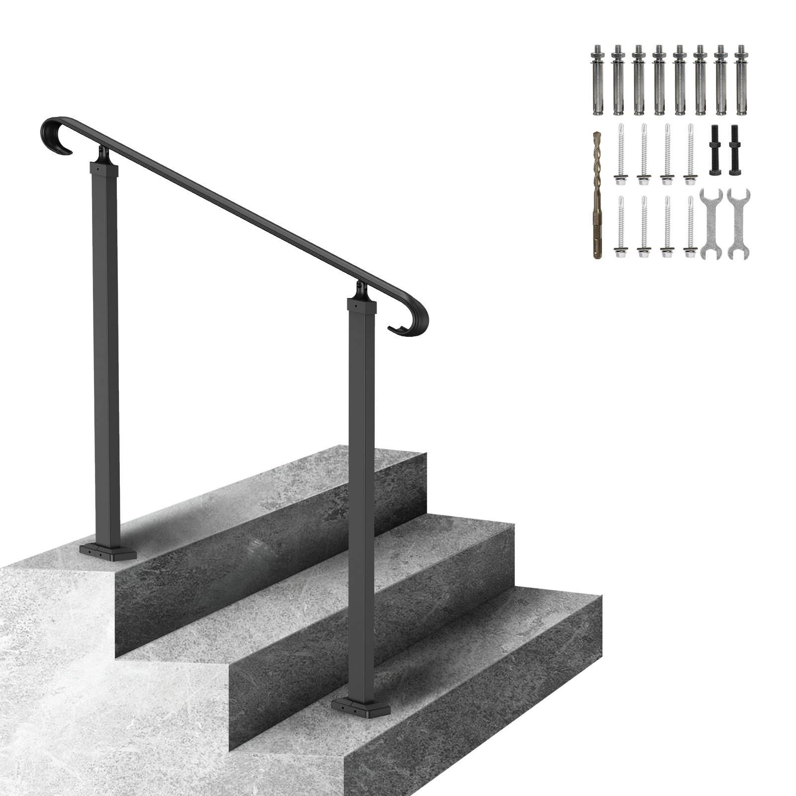 gray steps with black VEVOR outdoor handrails and installation toolkit.