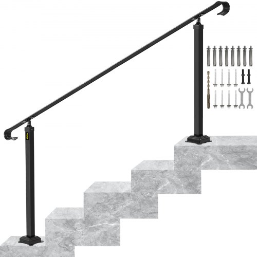 VEVOR Wrought Iron Handrail, Fit 5 to 7 Steps Outdoor Stair Railing, Adjustable Front Porch Hand Rail, Black Transitional Hand railings for Concrete Steps or Wooden Stairs with Installation Kit