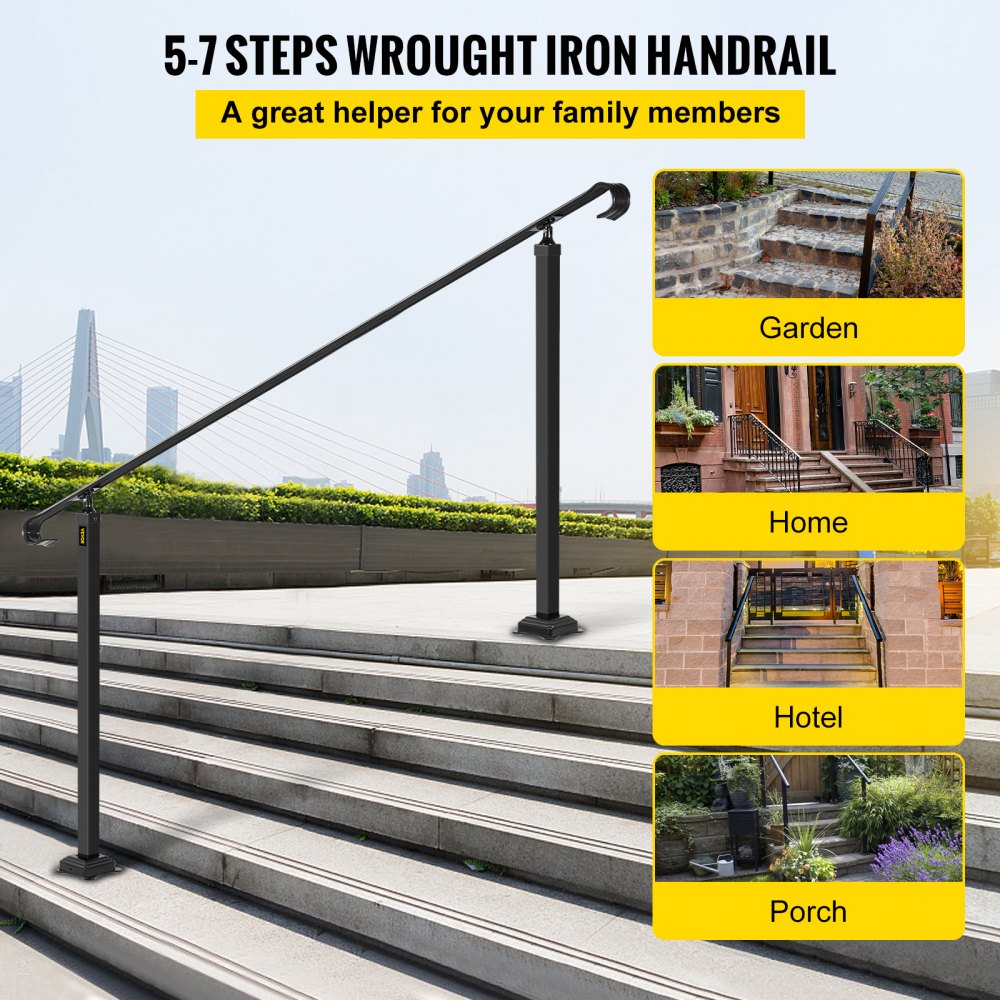 VEVOR Wrought Iron Handrail, Fit 5 to 7 Steps Outdoor Stair Railing, Adjustable Front Porch Hand Rail, Black Transitional Hand railings for Concrete Steps or Wooden Stairs with Installation Kit