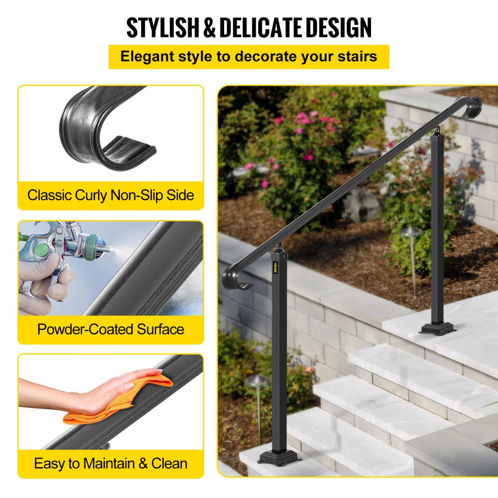 VEVOR Wrought Iron Handrail, Fit 5 to 7 Steps Outdoor Stair Railing, Adjustable Front Porch Hand Rail, Black Transitional Hand railings for Concrete Steps or Wooden Stairs with Installation Kit