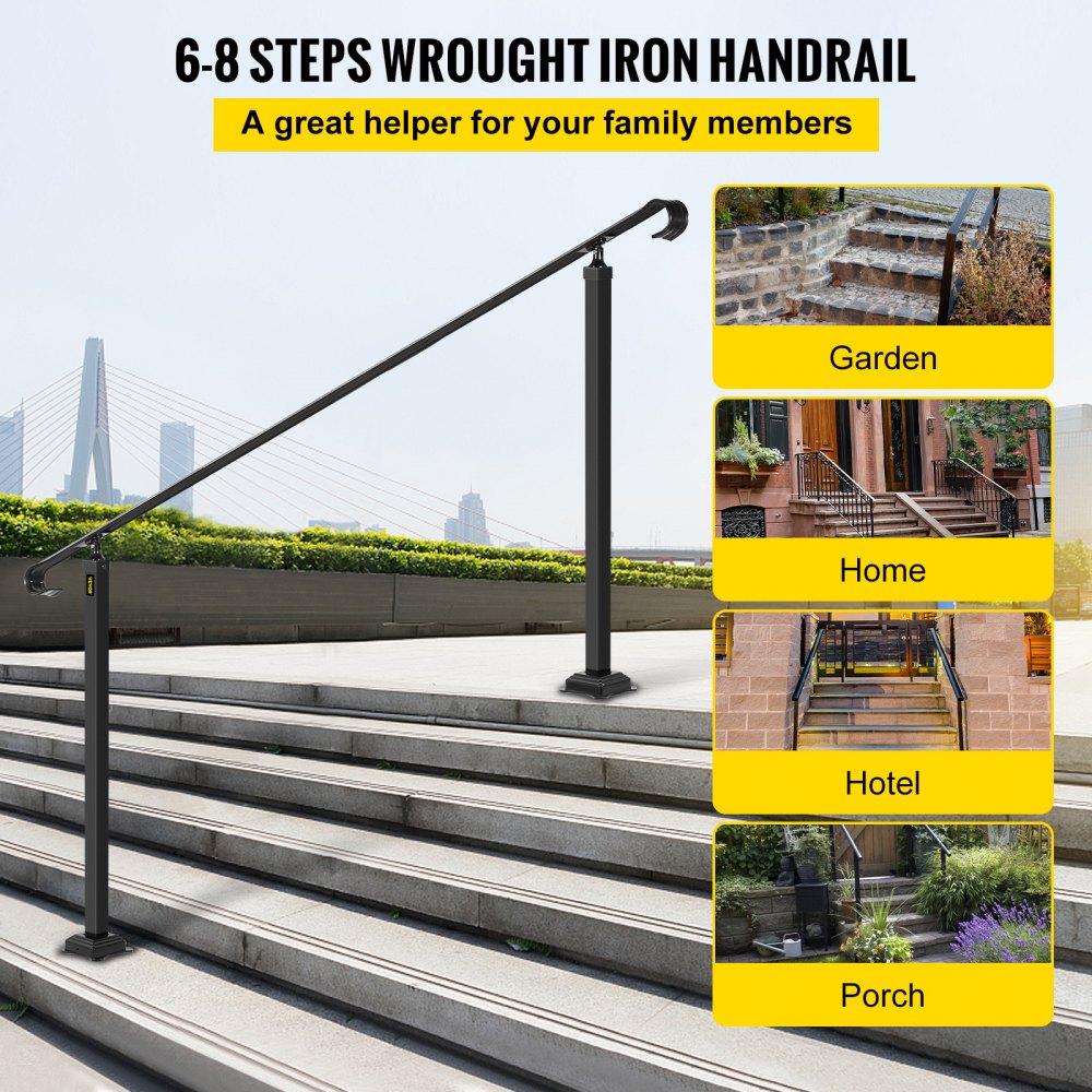 VEVOR Wrought Iron Handrail, Fit 6 or 8 Steps Outdoor Stair Railing, Adjustable Front Porch Hand Rail, Black Transitional Hand railings for Concrete Steps or Wooden Stairs with Installation Kit