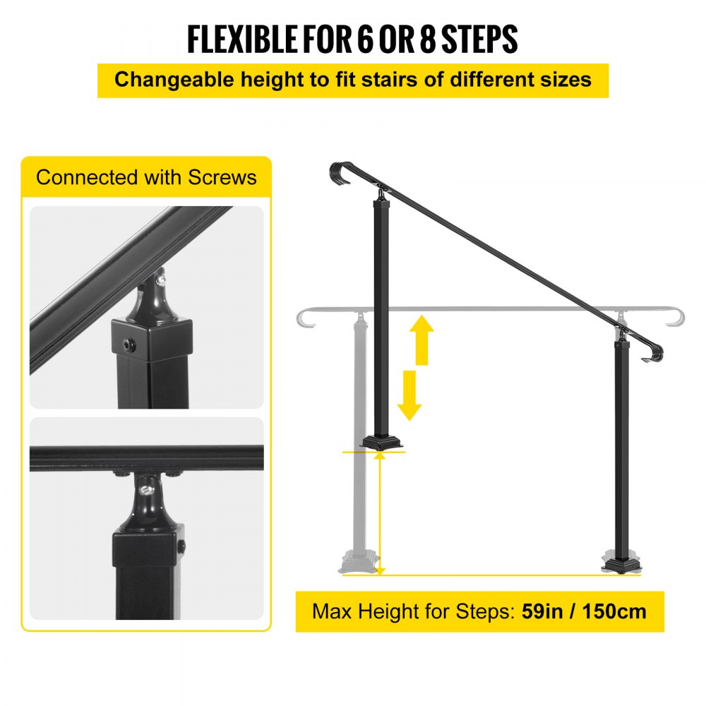 VEVOR Wrought Iron Handrail, Fit 6 or 8 Steps Outdoor Stair Railing, Adjustable Front Porch Hand Rail, Black Transitional Hand railings for Concrete Steps or Wooden Stairs with Installation Kit
