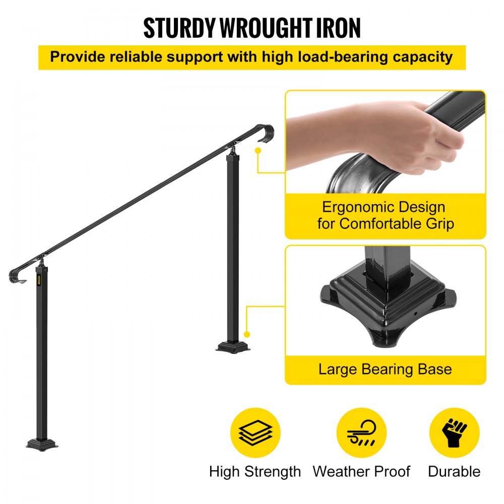 VEVOR Wrought Iron Handrail, Fit 6 or 8 Steps Outdoor Stair Railing, Adjustable Front Porch Hand Rail, Black Transitional Hand railings for Concrete Steps or Wooden Stairs with Installation Kit