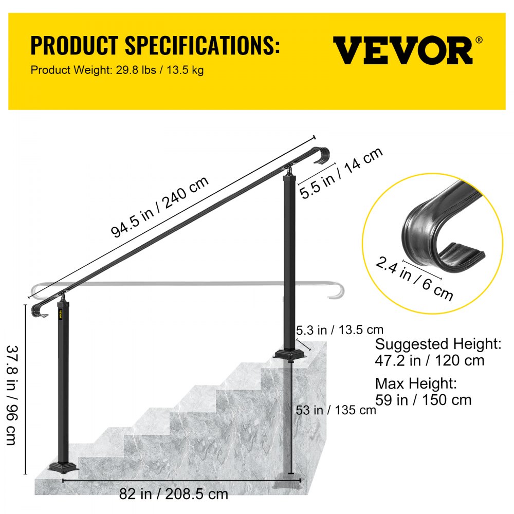 VEVOR Wrought Iron Handrail, Fit 6 or 8 Steps Outdoor Stair Railing, Adjustable Front Porch Hand Rail, Black Transitional Hand railings for Concrete Steps or Wooden Stairs with Installation Kit