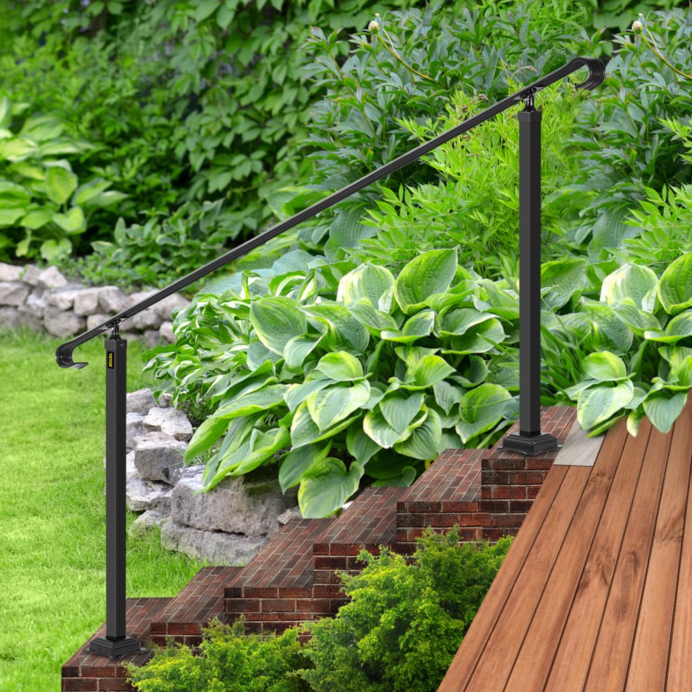 VEVOR Wrought Iron Handrail, Fit 6 or 8 Steps Outdoor Stair Railing, Adjustable Front Porch Hand Rail, Black Transitional Hand railings for Concrete Steps or Wooden Stairs with Installation Kit