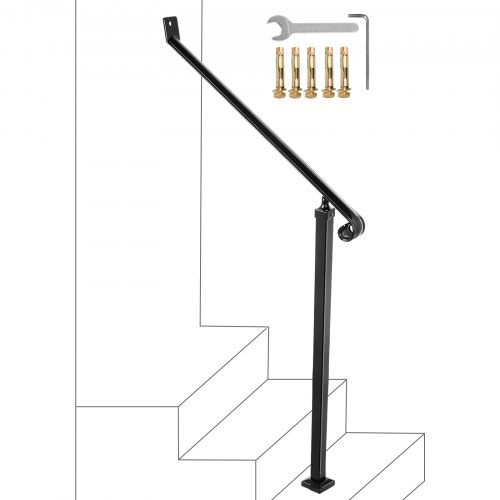 VEVOR Iron Handrails for Outdoor Steps 40mm Pipe 2 Steps Railings Iron Handrail Stair Railings for Steps Black Iron Railings for Steps Wrought Iron Handrail Step Railing Handrails