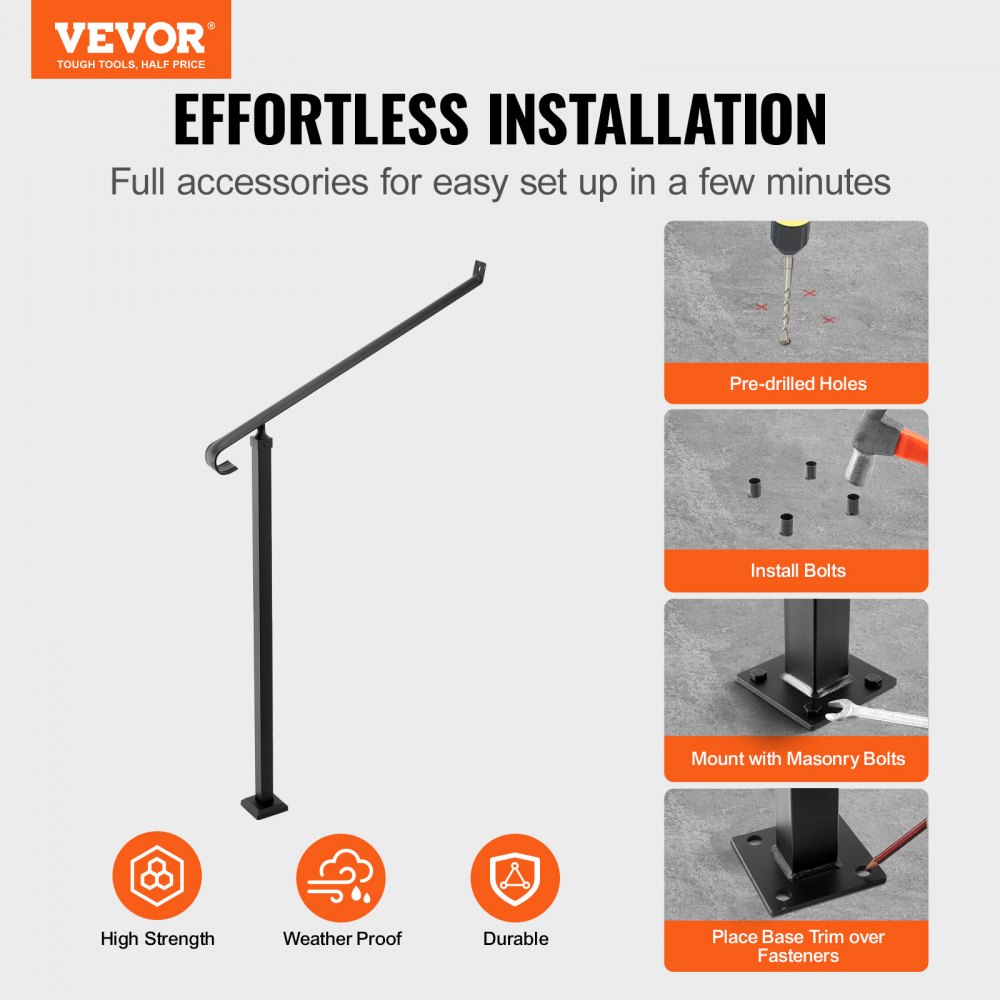 VEVOR Handrails for Outdoor Steps 1-2 Step Railings Wrought Iron Handrail Stair Railings for Steps Black Iron Railings for Steps Wall and Floor Mounted with Installation Kit
