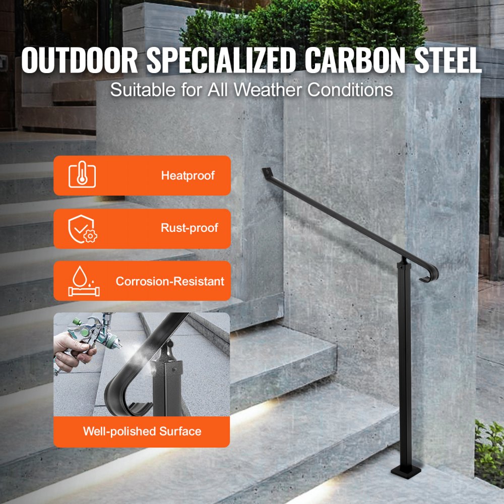 VEVOR Handrails for Outdoor Steps 1-2 Step Railings Wrought Iron Handrail Stair Railings for Steps Black Iron Railings for Steps Wall and Floor Mounted with Installation Kit