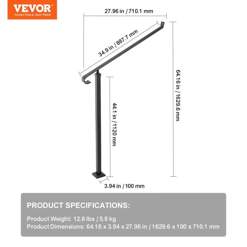 VEVOR Handrails for Outdoor Steps 1-2 Step Railings Wrought Iron Handrail Stair Railings for Steps Black Iron Railings for Steps Wall and Floor Mounted with Installation Kit
