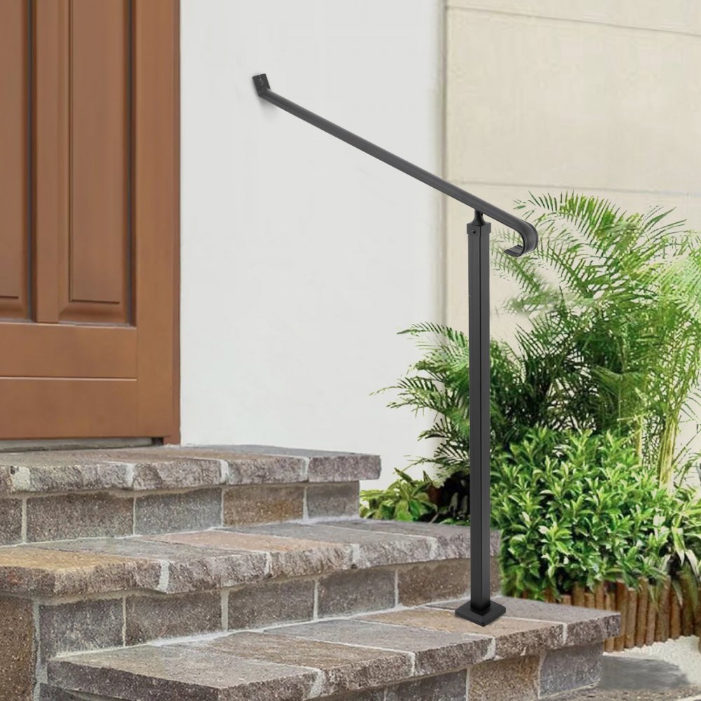 VEVOR Handrails for Outdoor Steps 1-2 Step Railings Wrought Iron Handrail Stair Railings for Steps Black Iron Railings for Steps Wall and Floor Mounted with Installation Kit
