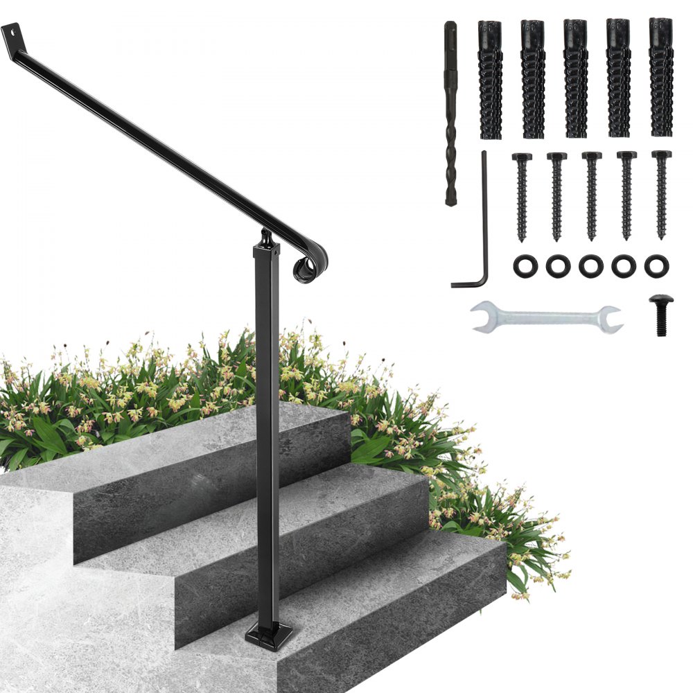 VEVOR Handrails for Outdoor Steps 1-2 Step Railings Wrought Iron Handrail Stair Railings for Steps Black Iron Railings for Steps Wall and Floor Mounted with Installation Kit
