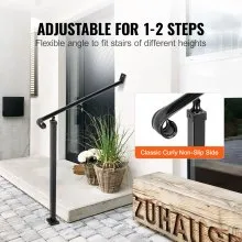VEVOR Handrails for Outdoor Steps 2-3 Step Railings Wrought Iron Handrail Stair Railings for Steps Black Iron Railings for Steps Wall and Floor Mounted with Installation Kit
