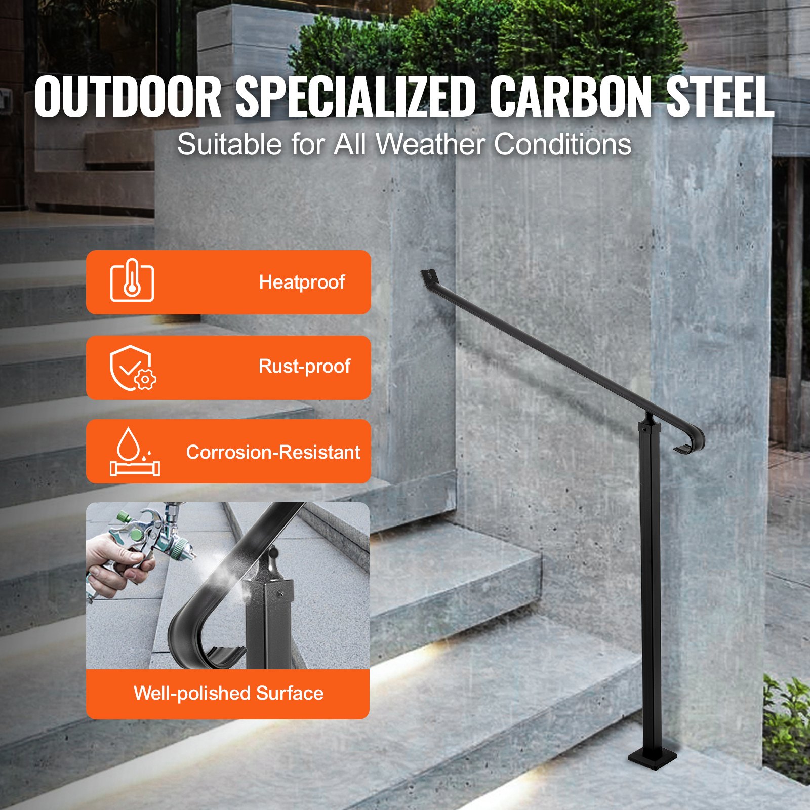 VEVOR Handrails for Outdoor Steps 1-2 Step Railings Wrought Iron Handrail Stair Railings for Steps Black Iron Railings for Steps Wall and Floor Mounted with Installation Kit