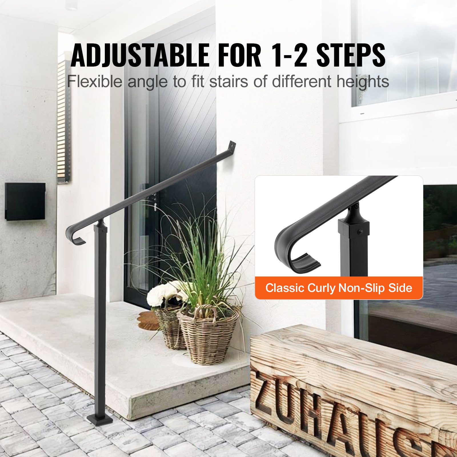 VEVOR Handrails for Outdoor Steps 1-2 Step Railings Wrought Iron Handrail Stair Railings for Steps Black Iron Railings for Steps Wall and Floor Mounted with Installation Kit