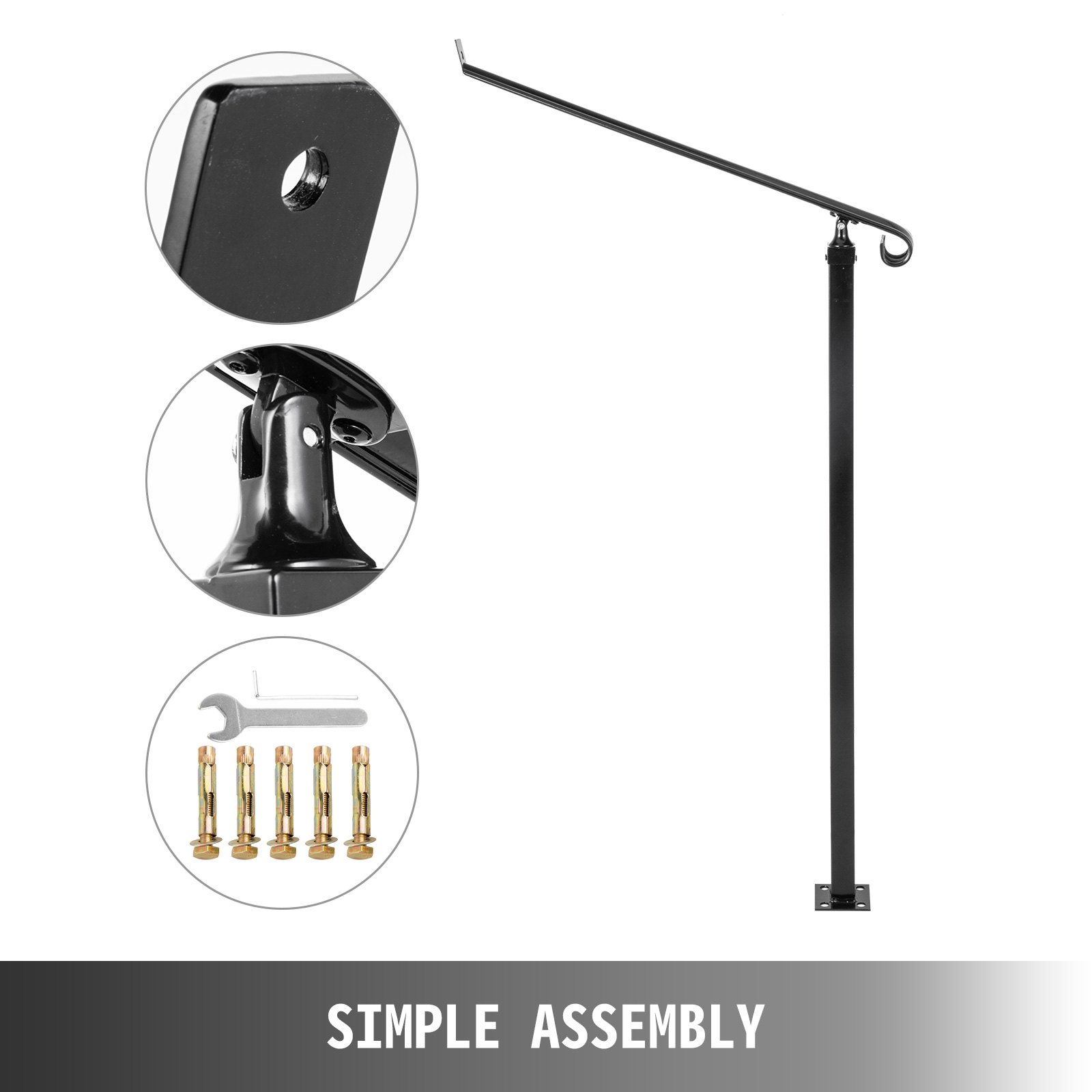 VEVOR Handrails for Outdoor Steps 1-2 Step Railings Wrought Iron Handrail Stair Railings for Steps Black Iron Railings for Steps Wall and Floor Mounted with Installation Kit