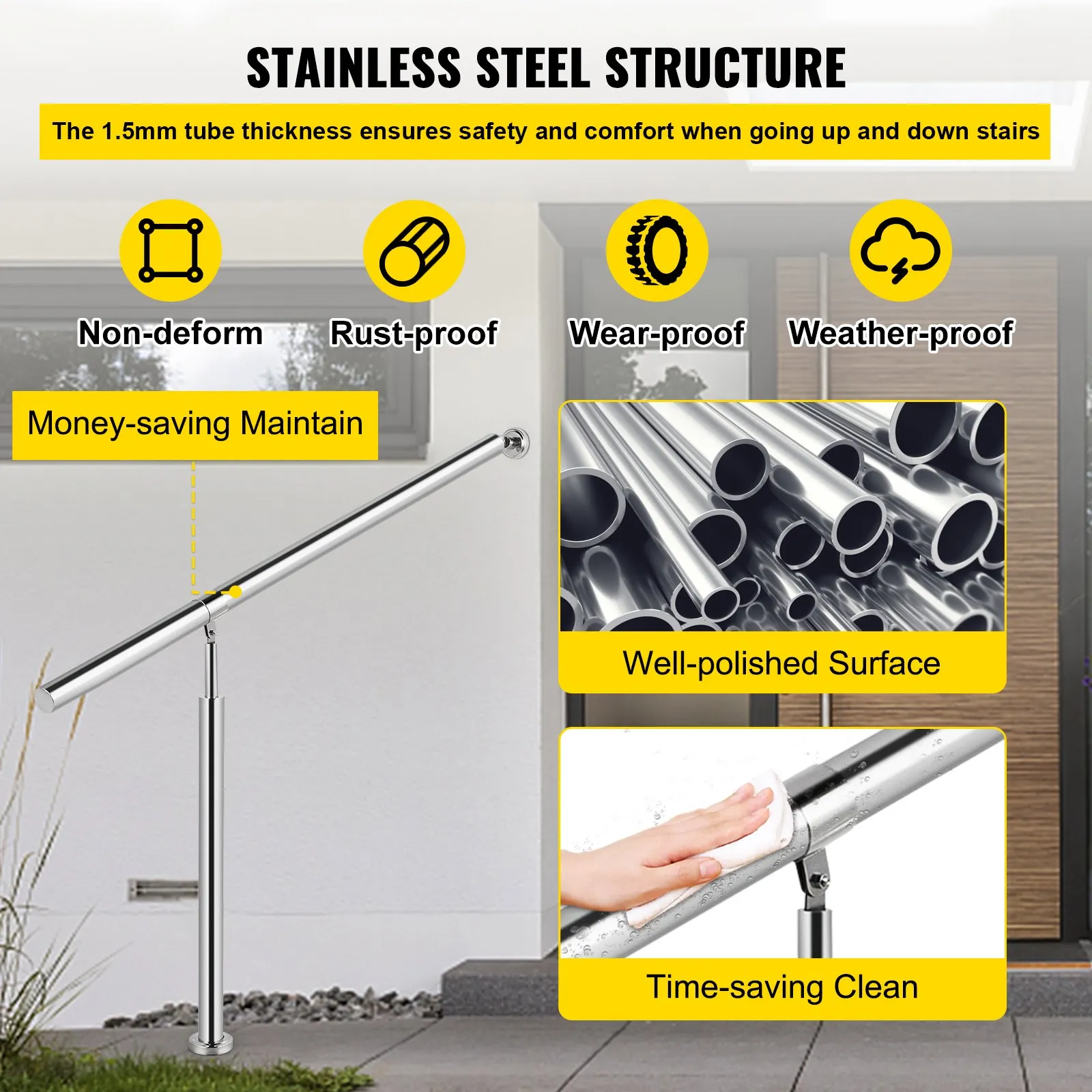 VEVOR stainless steel step handrail with rust-proof, wear-proof, weather-proof features.