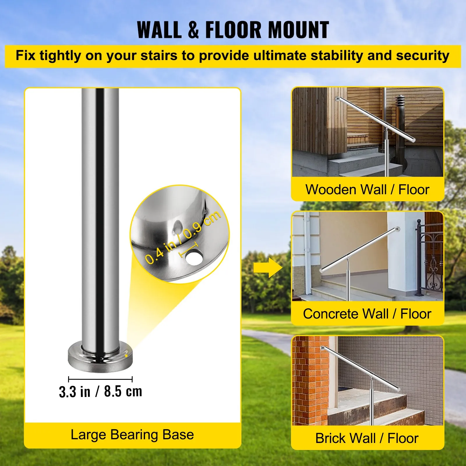 VEVOR stainless steel step handrail for wall and floor mount, stability and security.