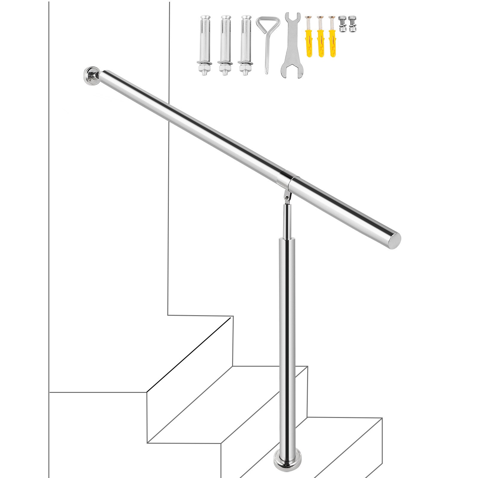 VEVOR stainless steel step handrail with mounting hardware and installation tools.
