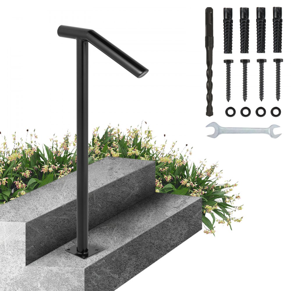 VEVOR steel railing for outdoor steps, including installation hardware.