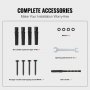 complete accessories for VEVOR steel railing installation: screws, washers, wrench, drill.